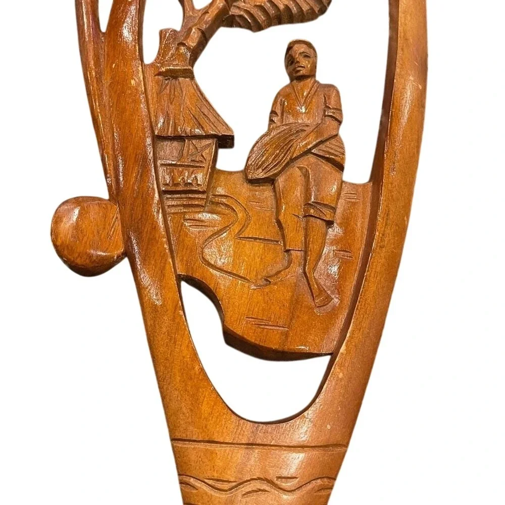 Hand Carved Wooden Vase Wall Hanging‎ Tropical Scene Man Hut Tree